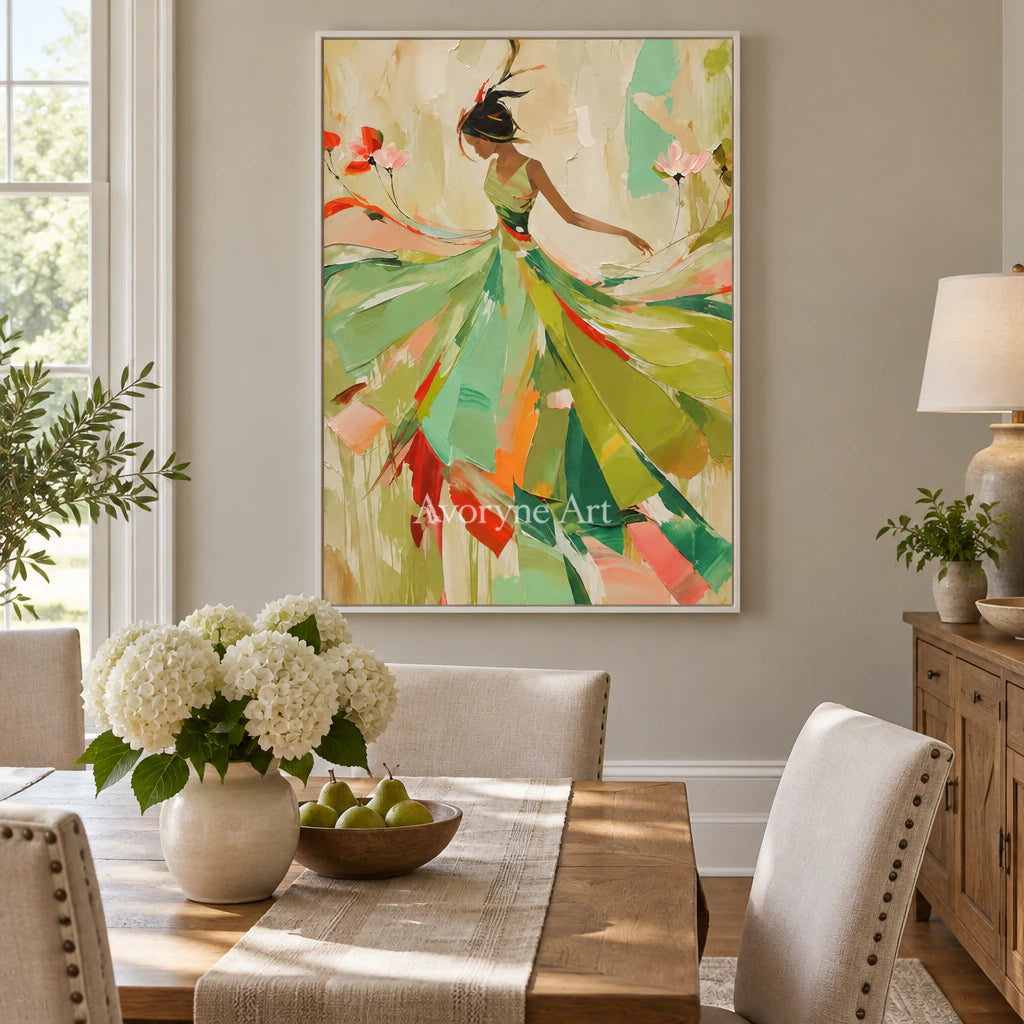 Sage Reverie: Expressive Colorful Dancer Wall Art — dining white