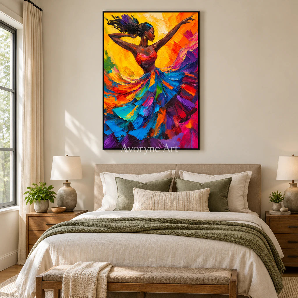 Flame Waltz: Expressive Colorful Dancer Wall Art — bedroom black