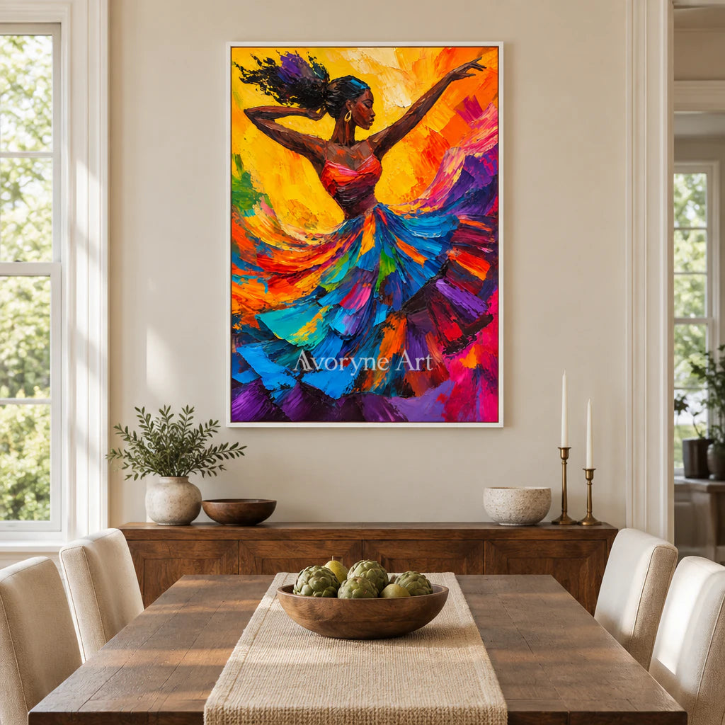 Flame Waltz: Expressive Colorful Dancer Wall Art — dining white