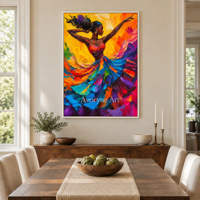 Flame Waltz: Expressive Colorful Dancer Wall Art — dining white