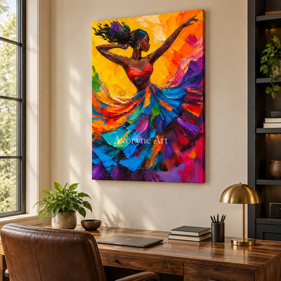 Flame Waltz: Expressive Colorful Dancer Wall Art — office frameless