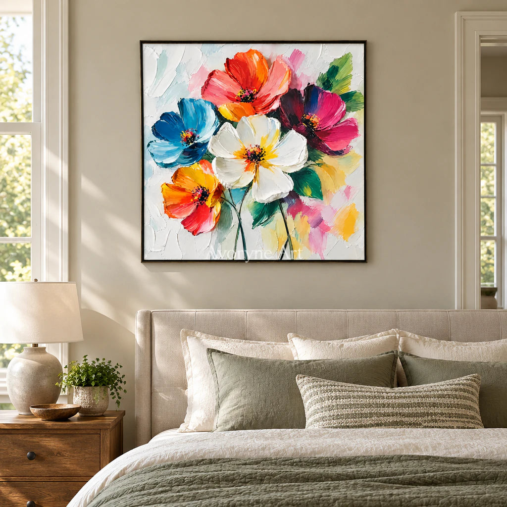 Petal Chorus: Expressive Colorful Flowers Wall Art — bedroom black