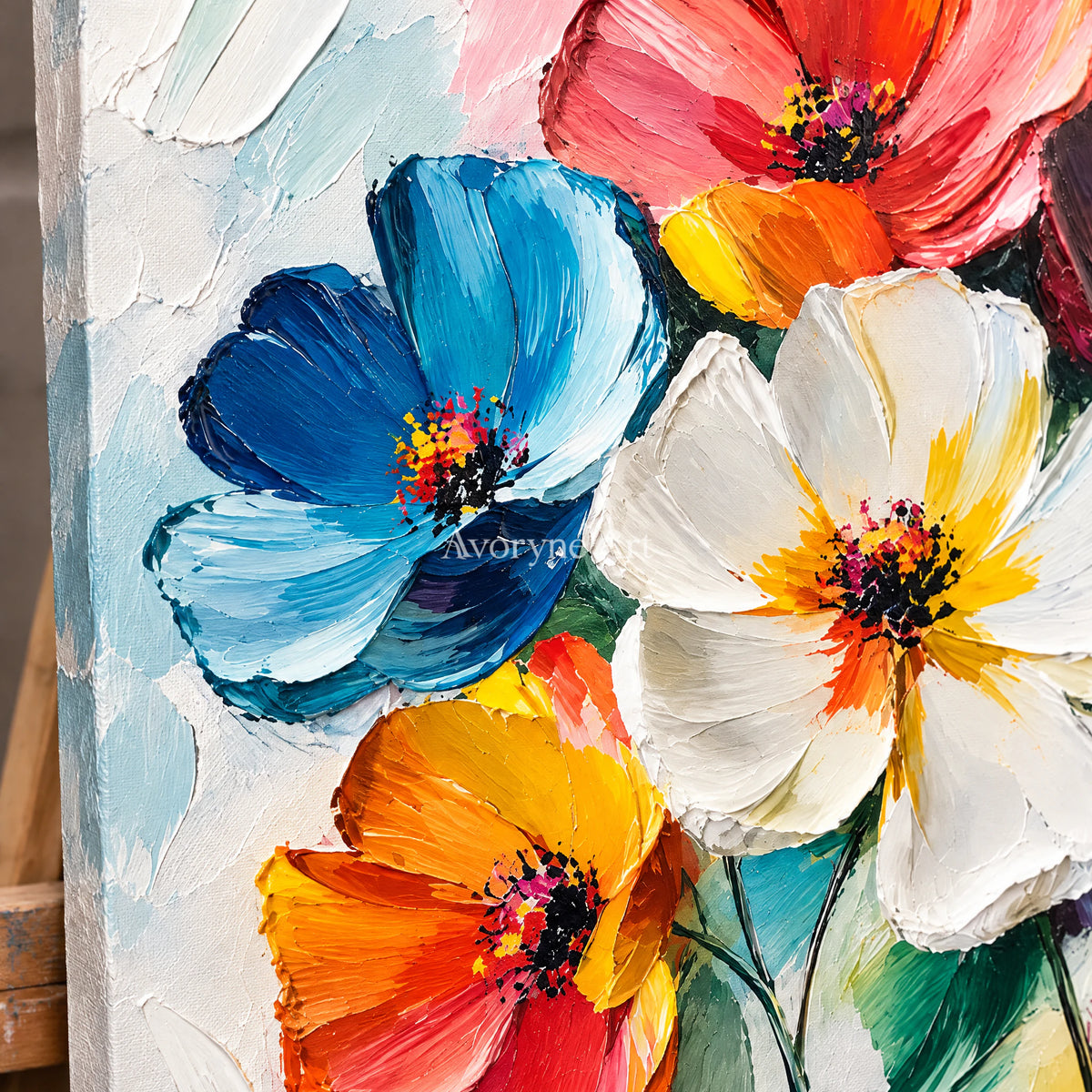 Petal Chorus: Expressive Colorful Flowers Wall Art — detail easel