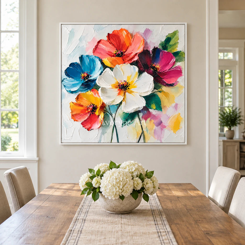 Petal Chorus: Expressive Colorful Flowers Wall Art — dining white