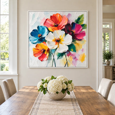 Petal Chorus: Expressive Colorful Flowers Wall Art — dining white