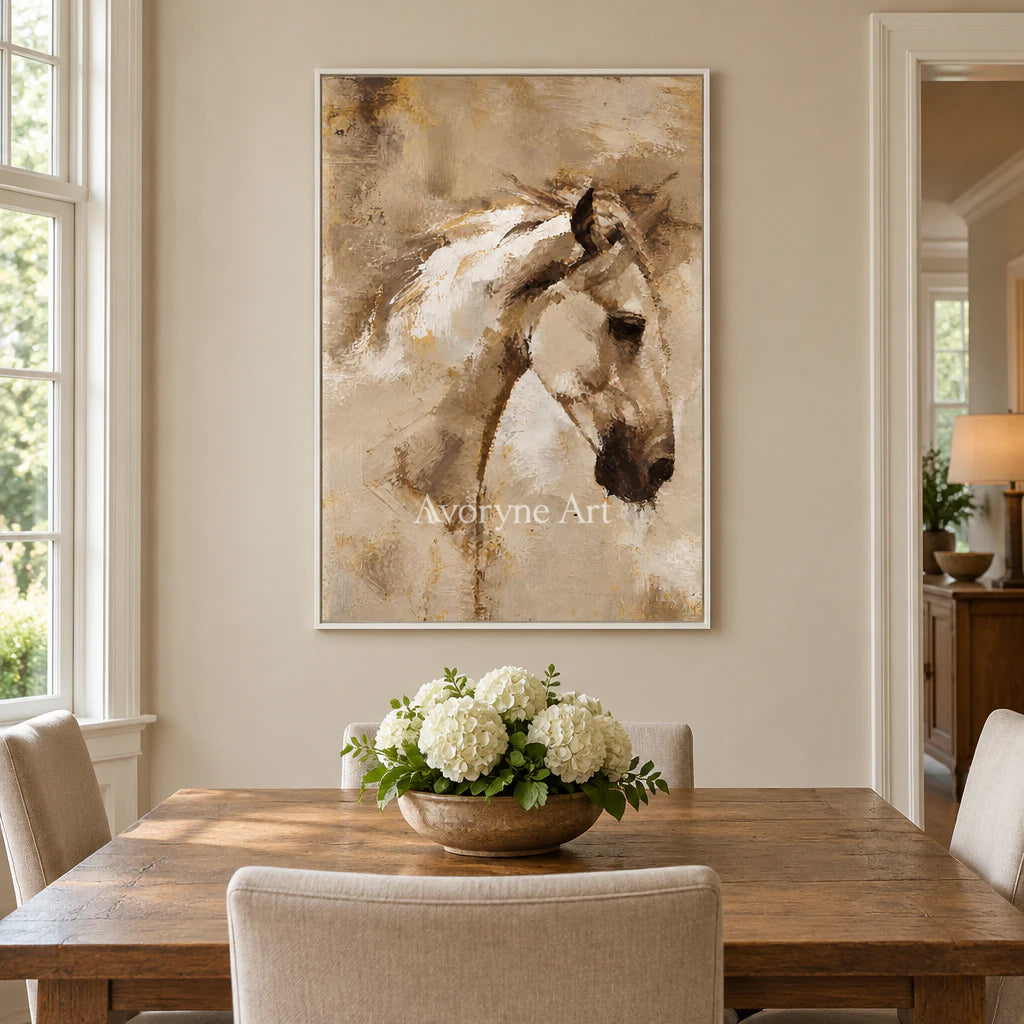 Sepia Motion: Expressive Contemporary Horse Wall Art — dining white