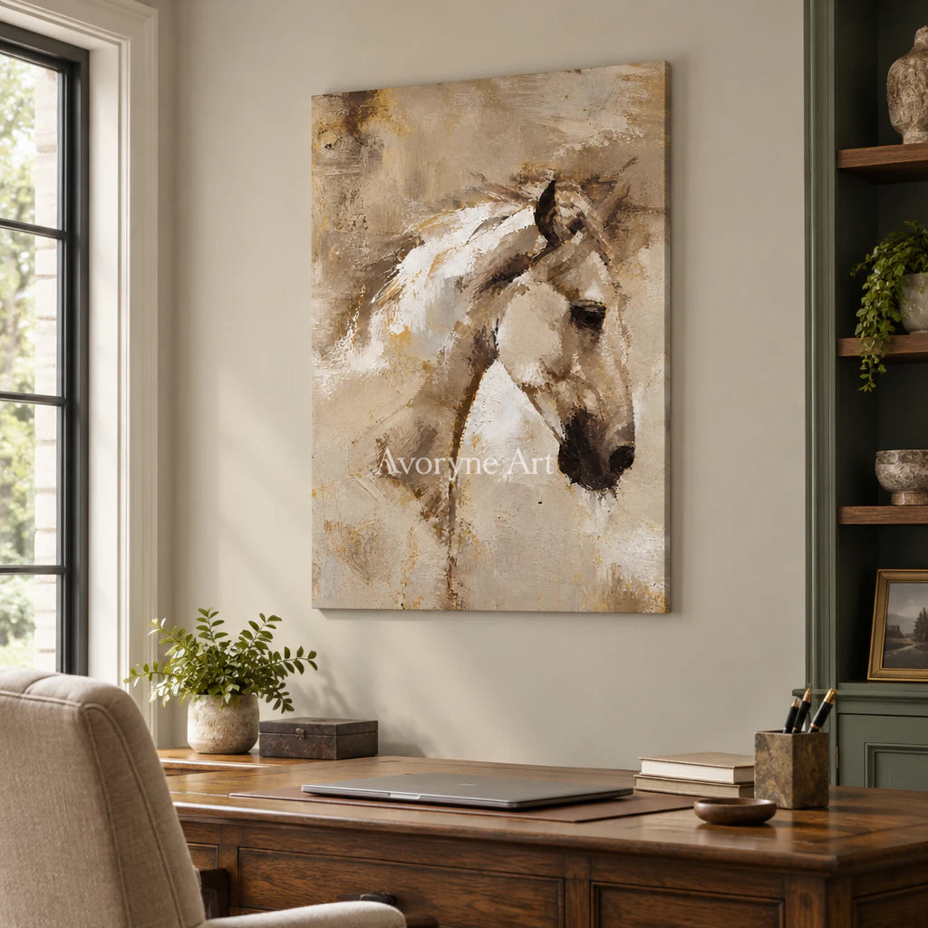 Sepia Motion: Expressive Contemporary Horse Wall Art — office frameless