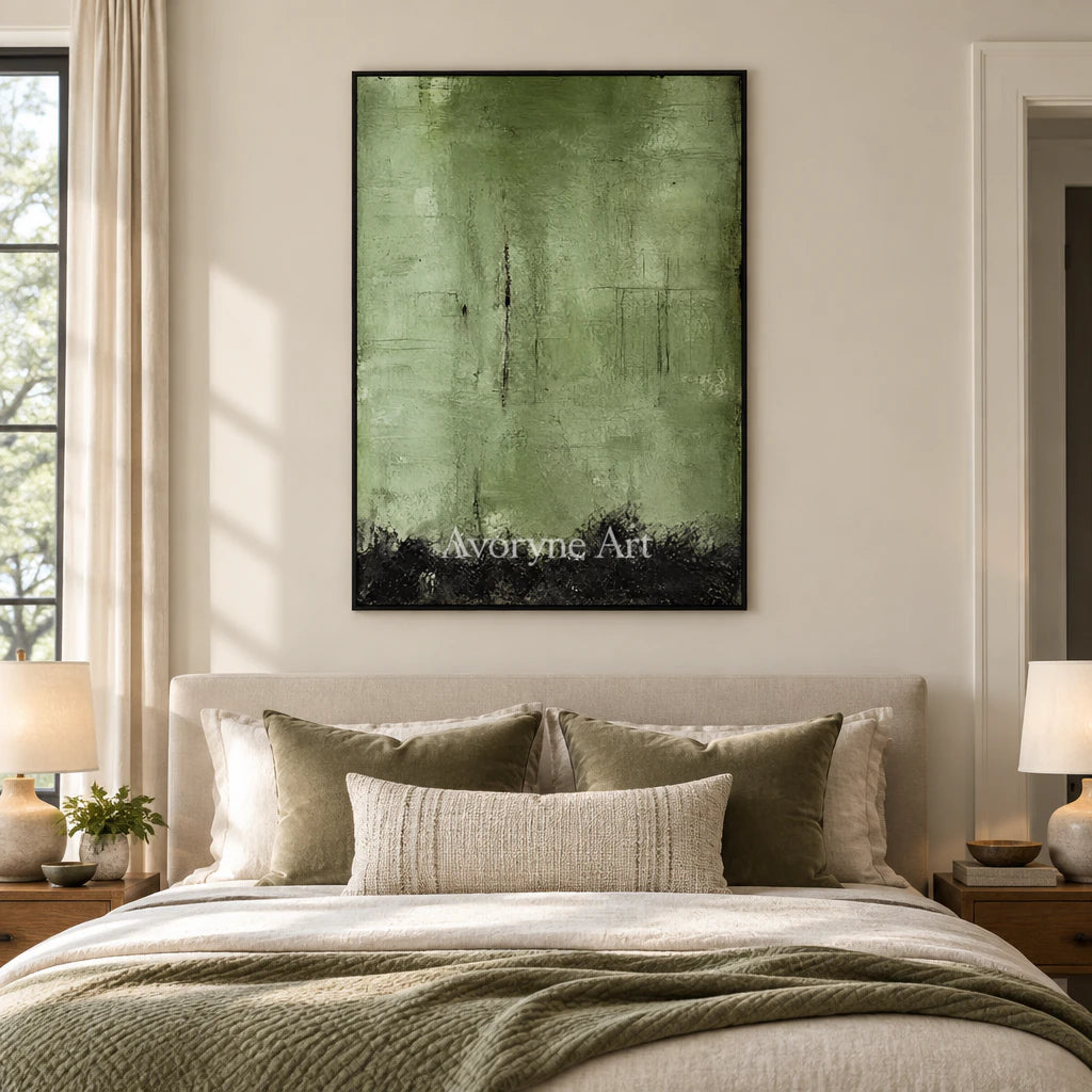 Moss Patina: Expressive Green Abstract Wall Art — bedroom black