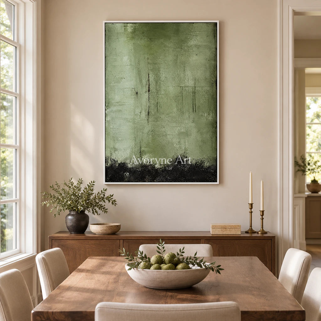 Moss Patina: Expressive Green Abstract Wall Art — dining white