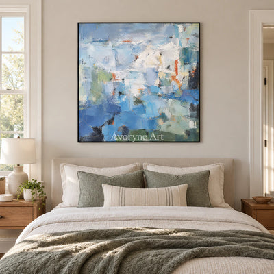 Blue Remnants: Expressive Layered Abstract Wall Art — bedroom black