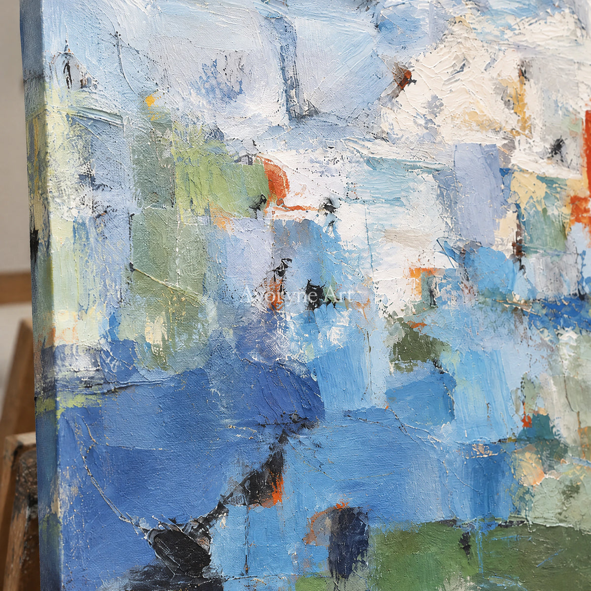 Blue Remnants: Expressive Layered Abstract Wall Art — detail easel
