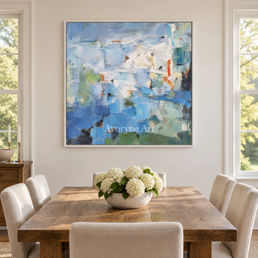 Blue Remnants: Expressive Layered Abstract Wall Art — dining white