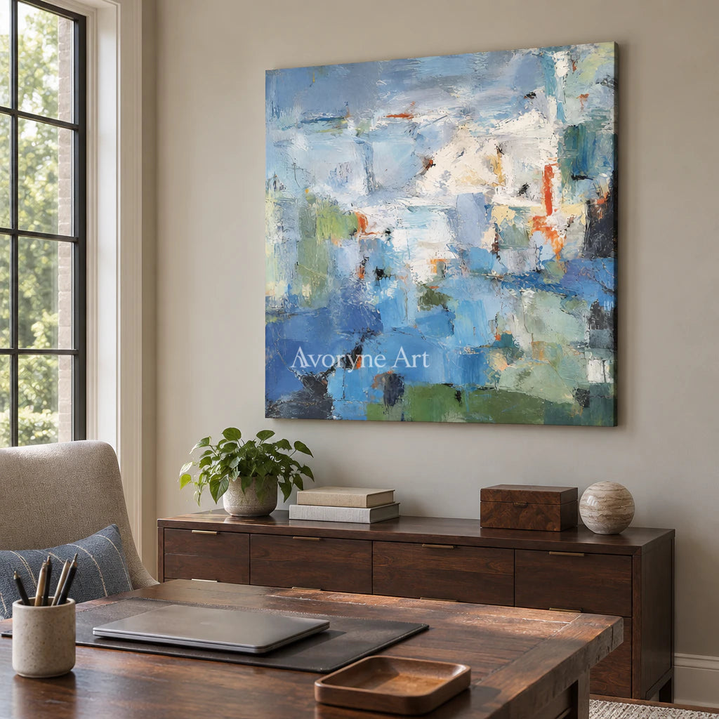 Blue Remnants: Expressive Layered Abstract Wall Art — office frameless
