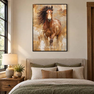 Copper Gallop: Expressive Running Horse Wall Art — bedroom black