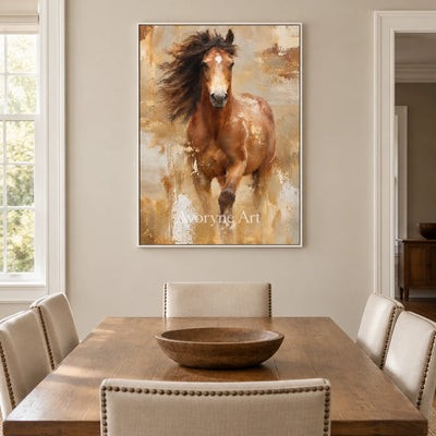 Copper Gallop: Expressive Running Horse Wall Art — dining white