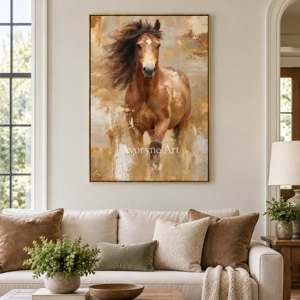 Copper Gallop: Expressive Running Horse Wall Art — living gold