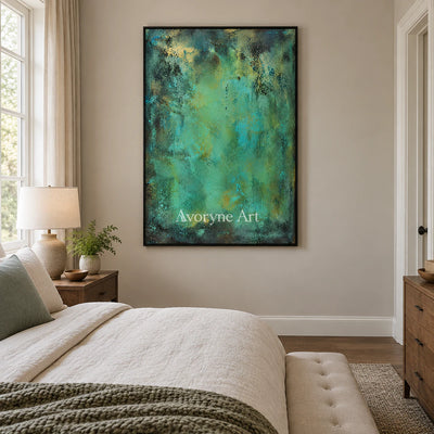 Verdigris Light: Expressive Teal Abstract Wall Art — bedroom black