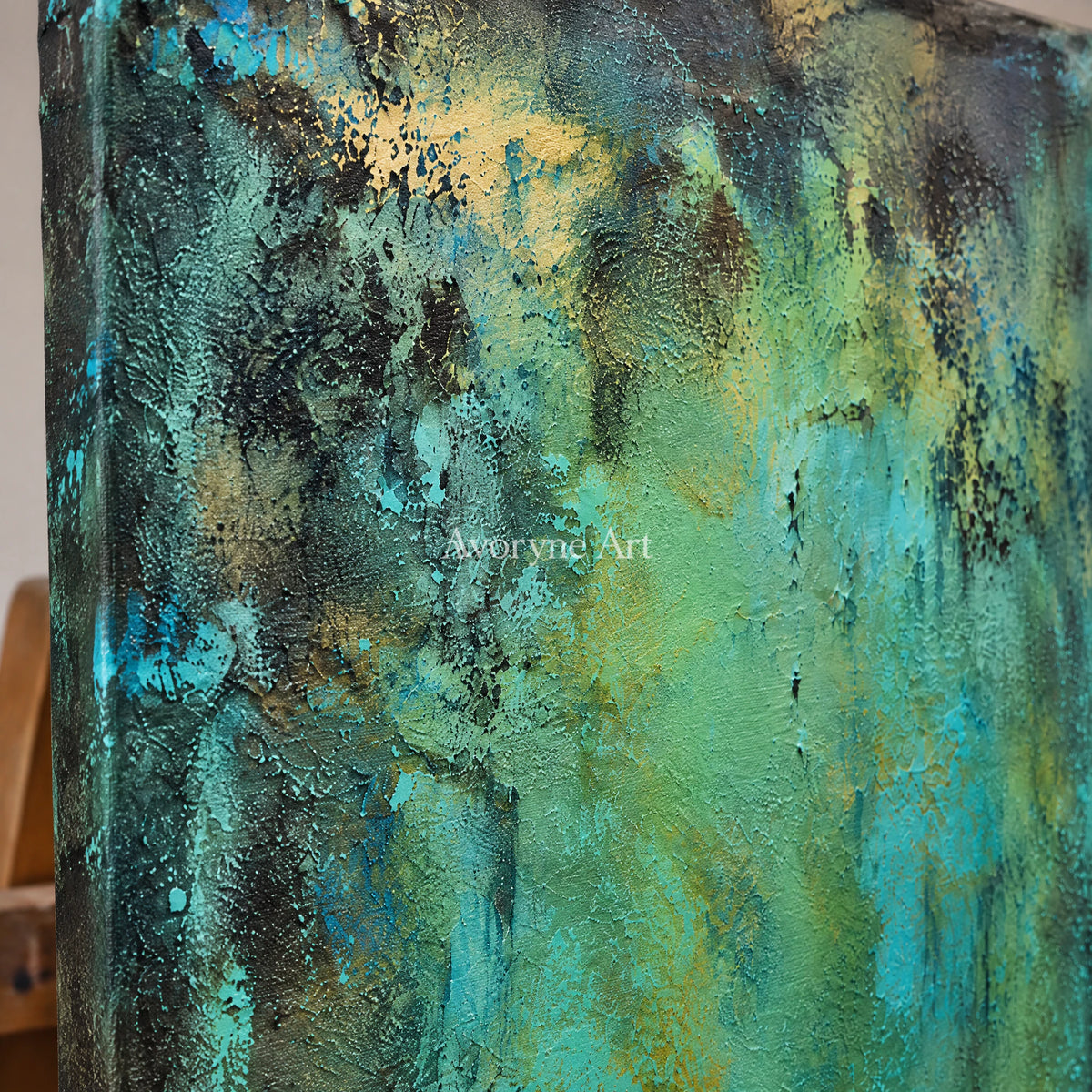 Verdigris Light: Expressive Teal Abstract Wall Art — detail easel