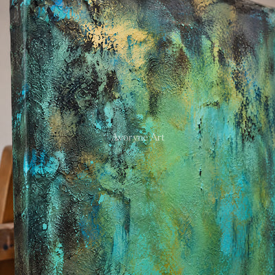 Verdigris Light: Expressive Teal Abstract Wall Art — detail easel