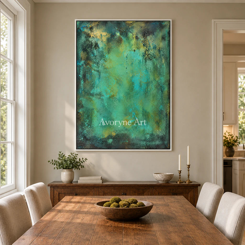 Verdigris Light: Expressive Teal Abstract Wall Art — dining white