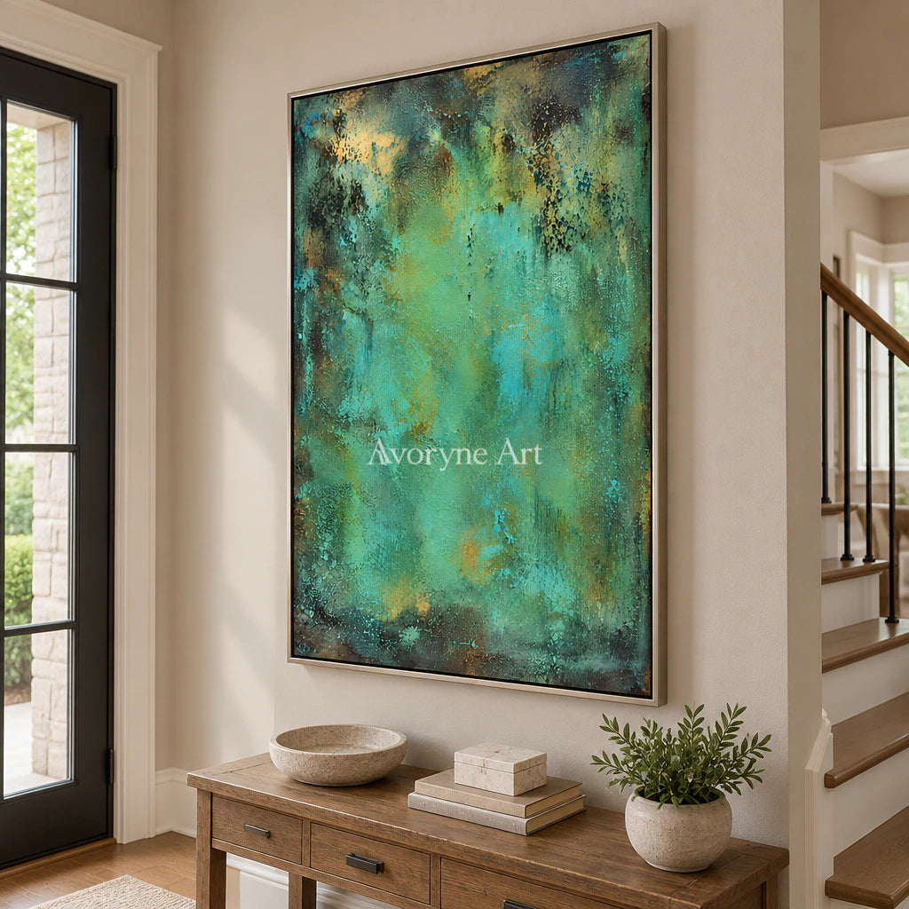 Verdigris Light: Expressive Teal Abstract Wall Art — entry silver