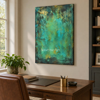 Verdigris Light: Expressive Teal Abstract Wall Art — office frameless