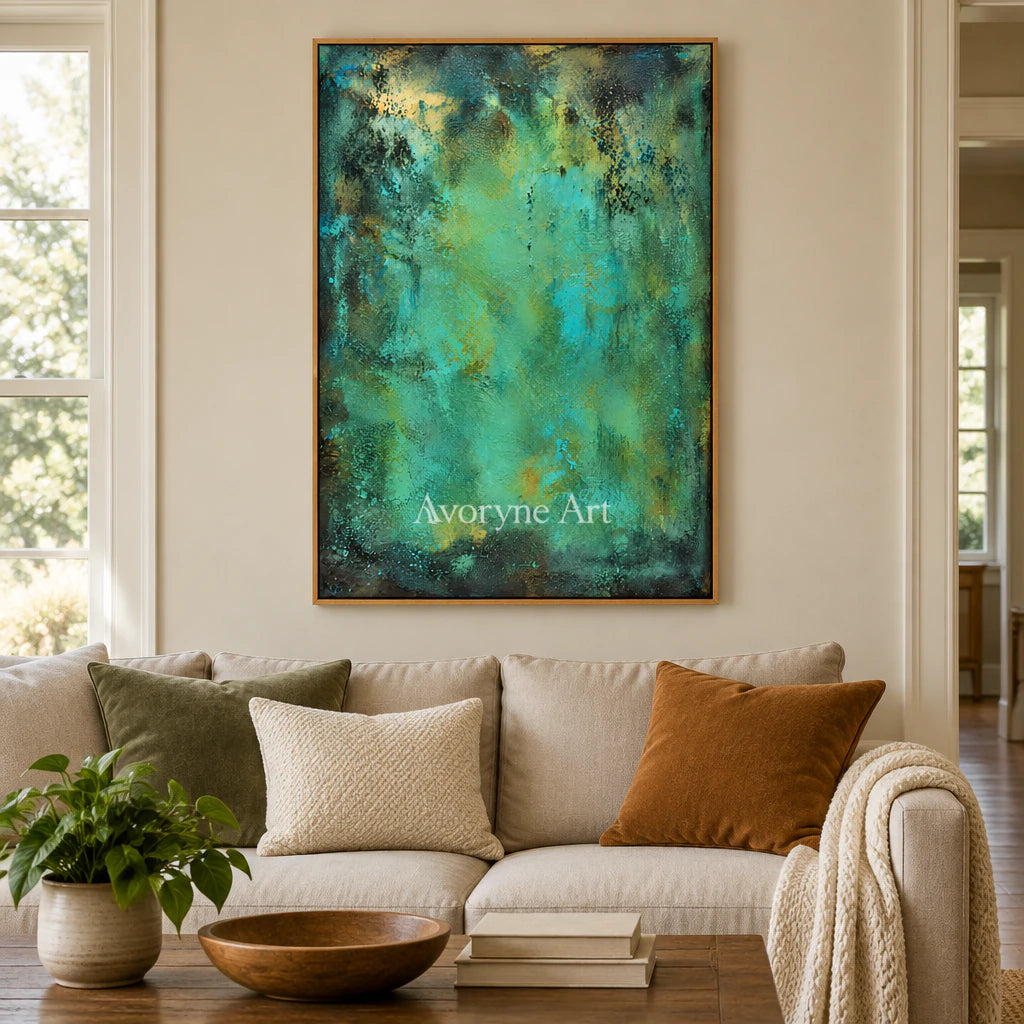Verdigris Light: Expressive Teal Abstract Wall Art — villa wood