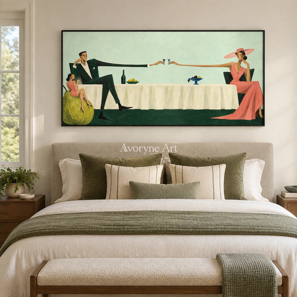 Lucent Interval figure and glass wall art with a black frame above a bed in a bedroom