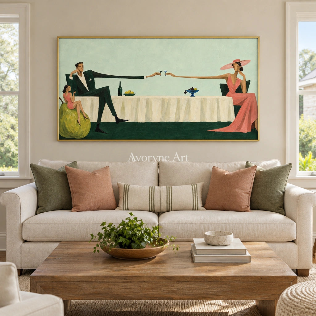 Lucent Interval figure and glass wall art with a gold frame hanging in a living room