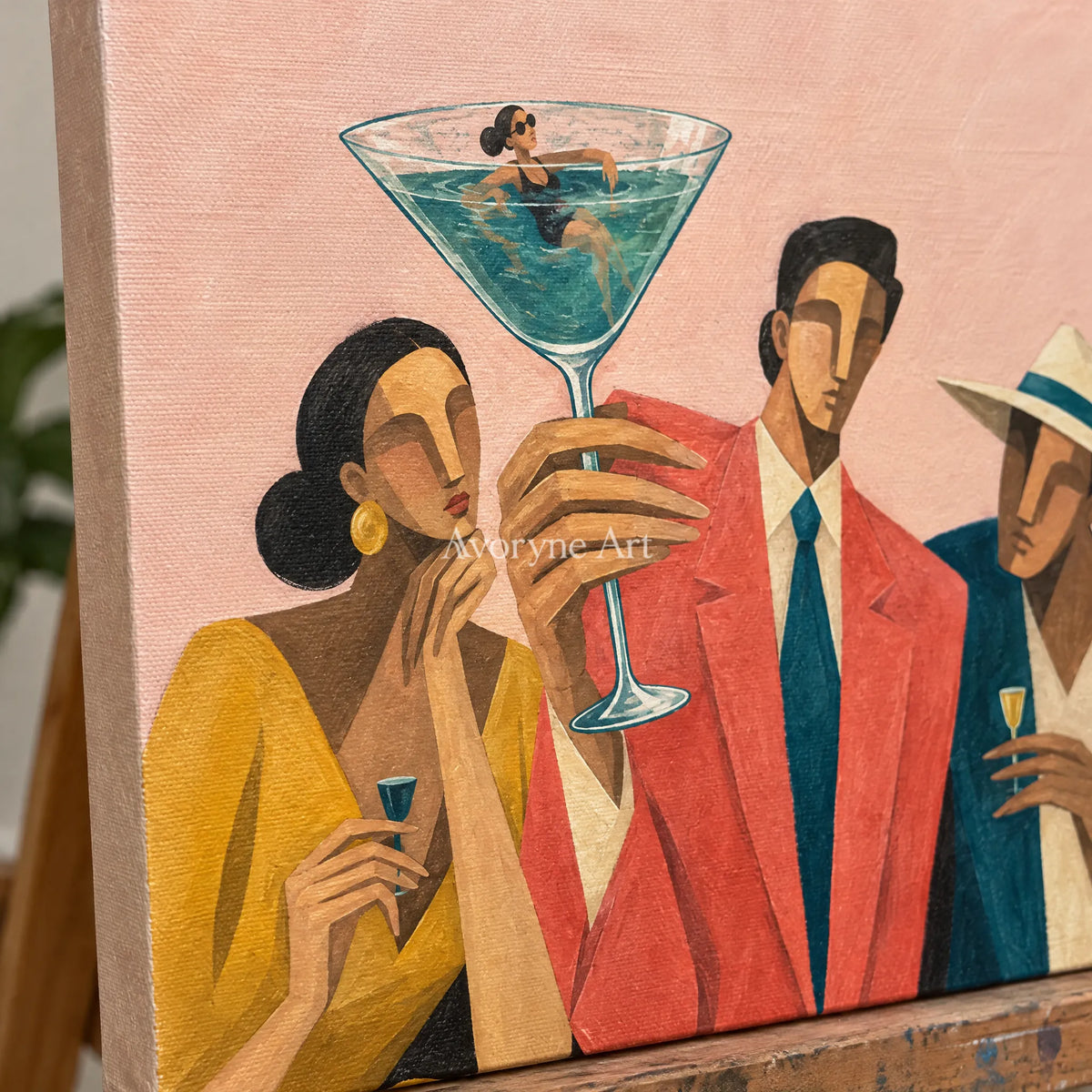 Close-up of the hand-painted texture of Lucent Echo figure and glass wall art on an easel