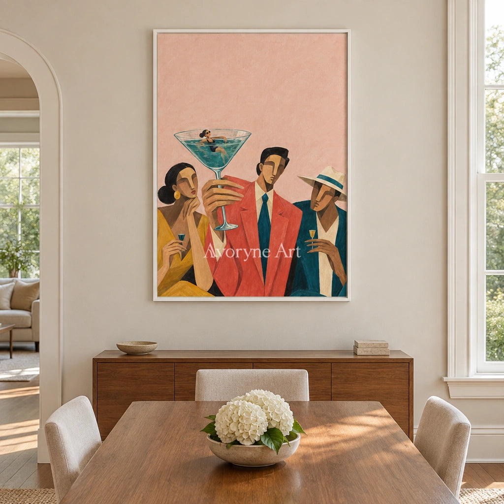 Lucent Echo figure and glass wall art with a white frame in a dining room