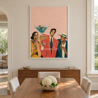 Lucent Echo figure and glass wall art with a white frame in a dining room