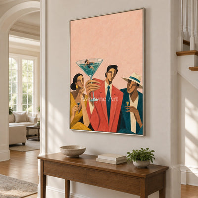 Lucent Echo figure and glass wall art with a silver frame in an entryway