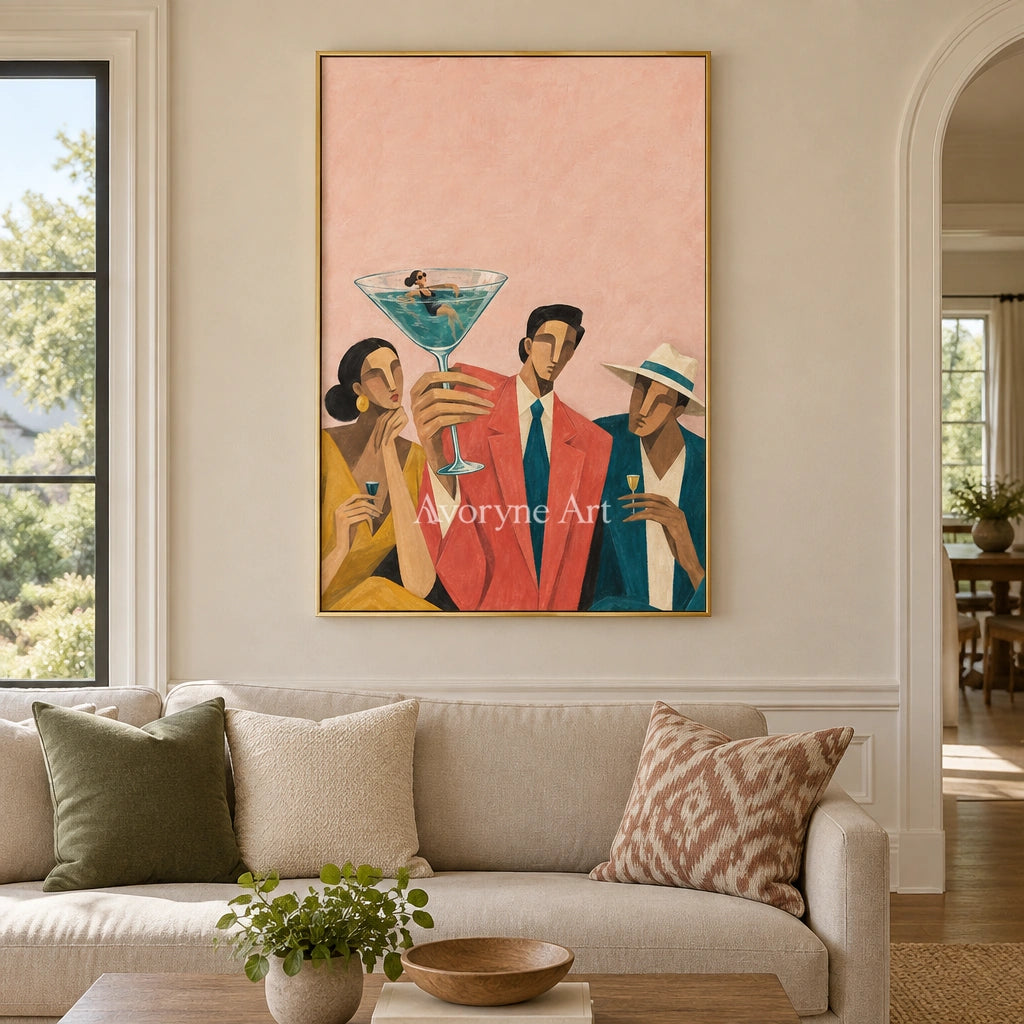 Lucent Echo figure and glass wall art with a gold frame hanging in a living room