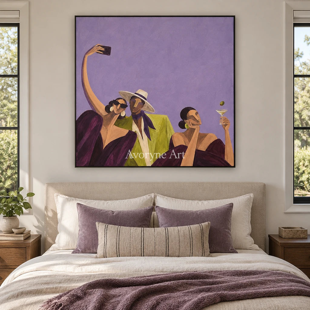 Lucent Rhythm figure and glass wall art with a black frame above a bed in a bedroom