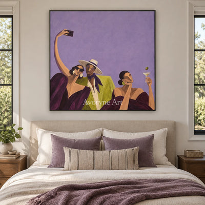 Lucent Rhythm figure and glass wall art with a black frame above a bed in a bedroom