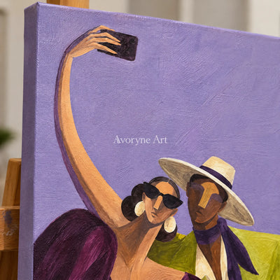 Close-up of the hand-painted texture of Lucent Rhythm figure and glass wall art on an easel