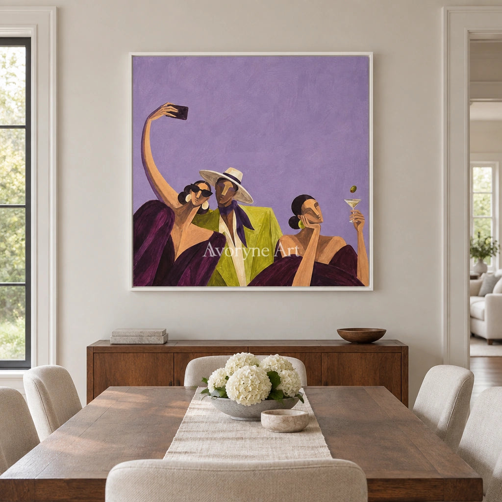 Lucent Rhythm figure and glass wall art with a white frame in a dining room
