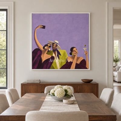 Lucent Rhythm figure and glass wall art with a white frame in a dining room