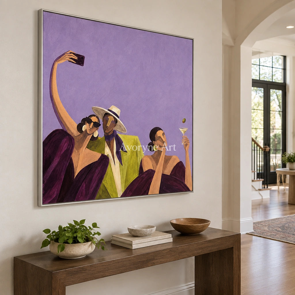 Lucent Rhythm figure and glass wall art with a silver frame in an entryway