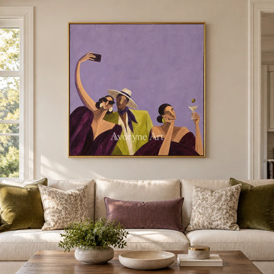 Lucent Rhythm figure and glass wall art with a gold frame hanging in a living room