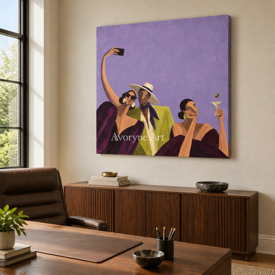 Lucent Rhythm figure and glass wall art as a frameless stretched canvas in a home office