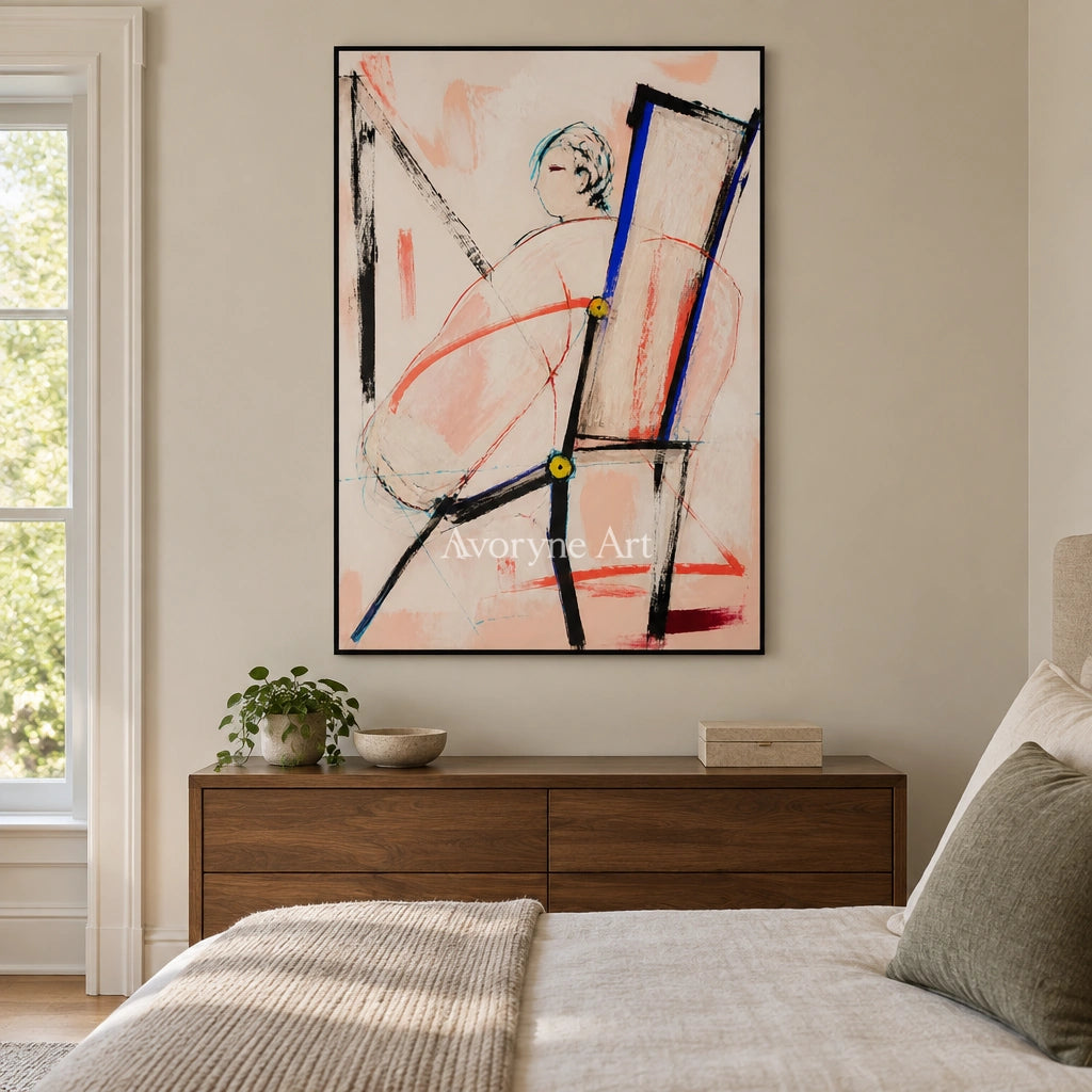 Clear Memory figure line wall art with a black frame above a bed in a bedroom
