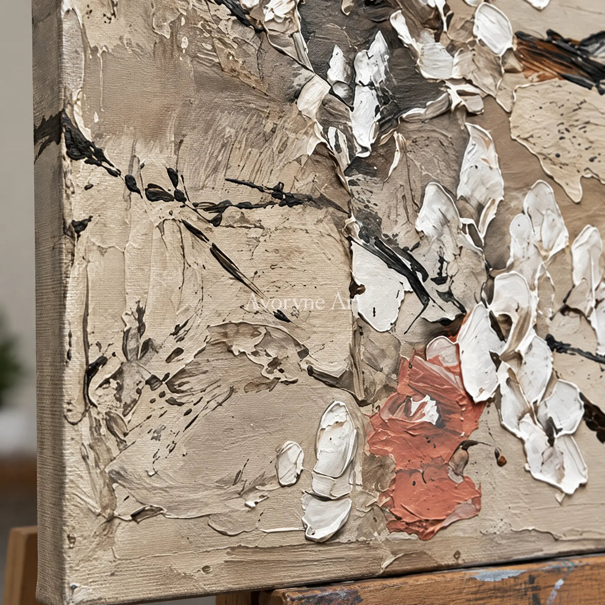 Close-up of the hand-painted texture of Quiet Horizon floral branch diptych on an easel