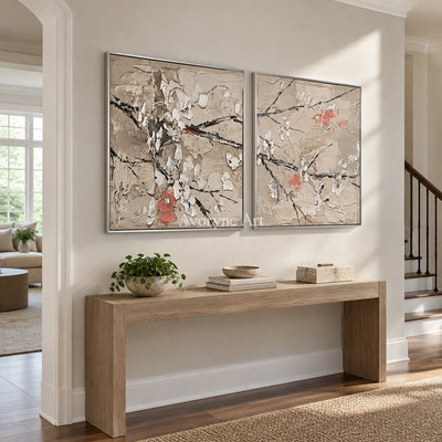 Quiet Horizon floral branch diptych with a silver frame in an entryway