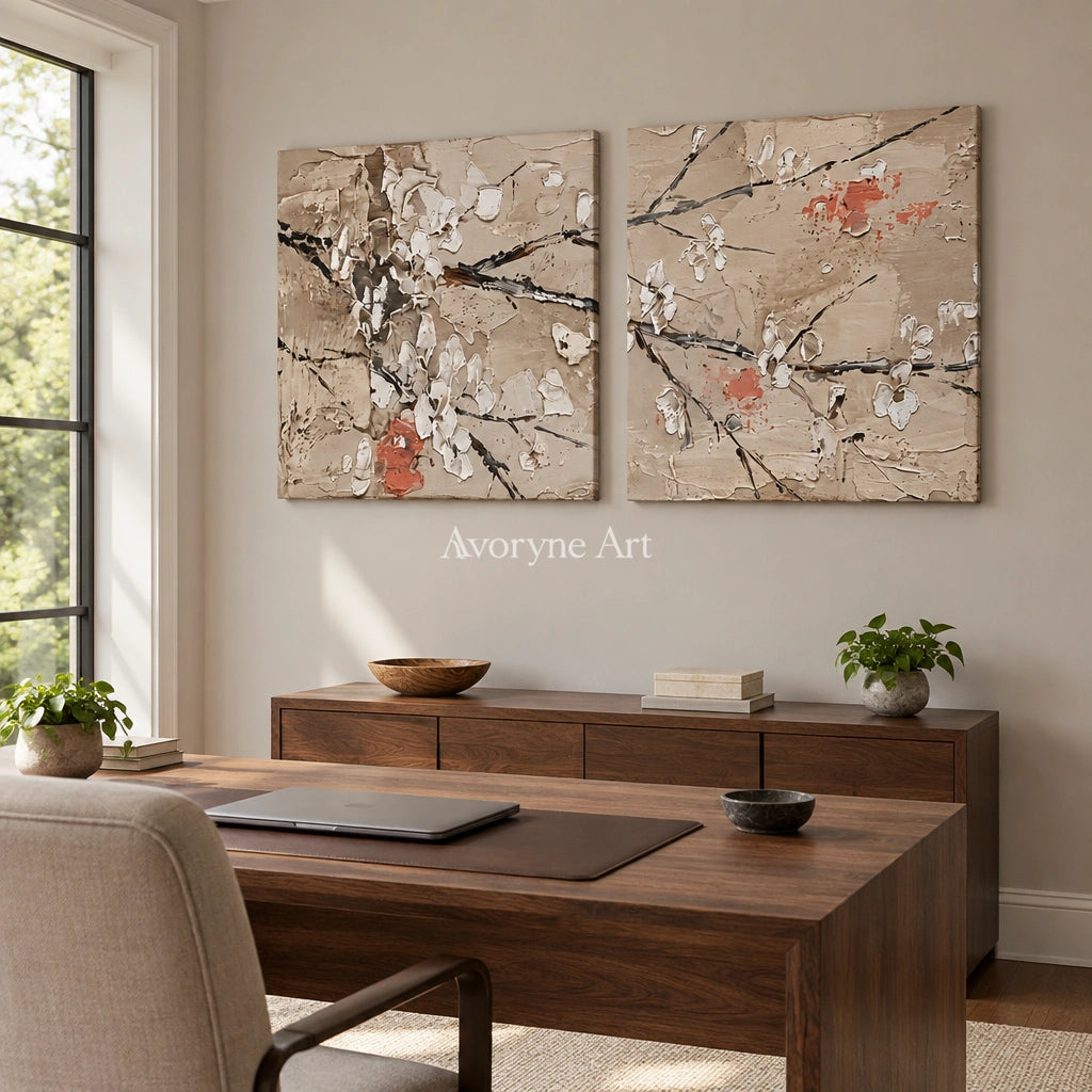 Quiet Horizon floral branch diptych as a frameless stretched canvas in a home office