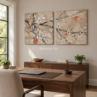 Quiet Horizon floral branch diptych as a frameless stretched canvas in a home office