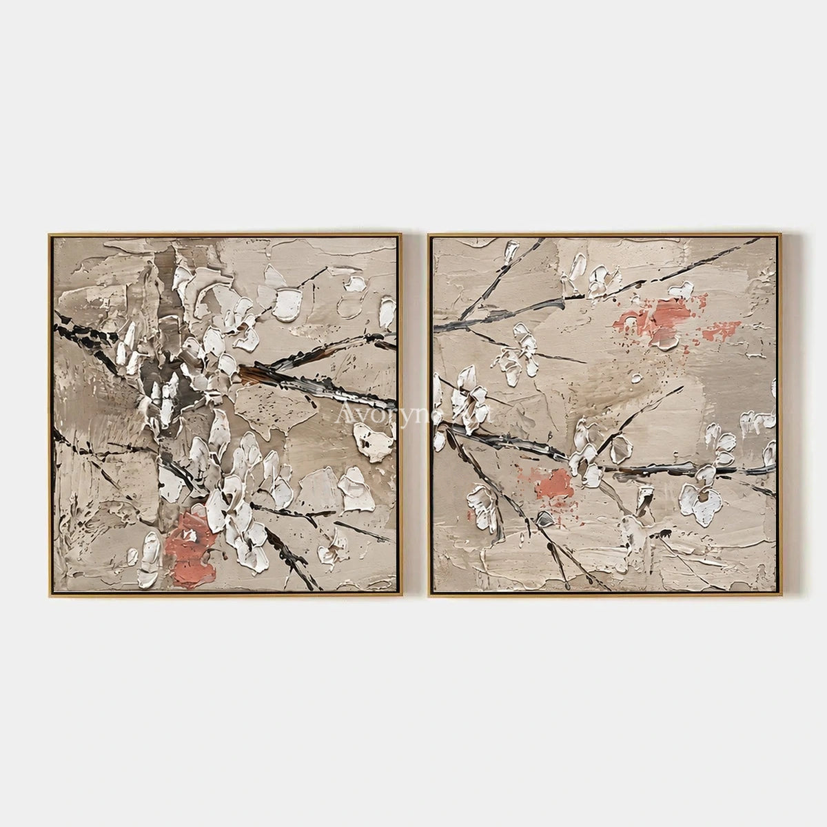 Quiet Horizon, hand-painted floral branch diptych by Chen Wei