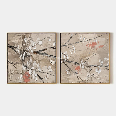 Quiet Horizon, hand-painted floral branch diptych by Chen Wei