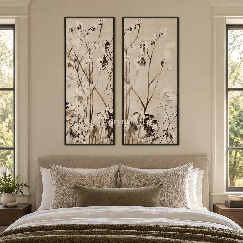 Quiet Drift floral branch diptych with a black frame above a bed in a bedroom